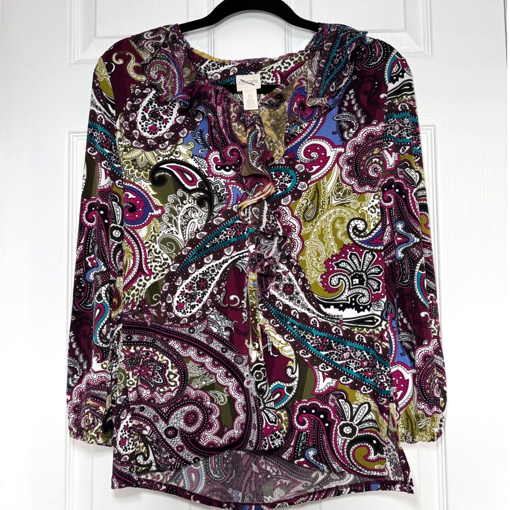 Chico's Sublime Paisley Ruffle V-Neck Blouse Long Sleeve Boho Top 0 Small